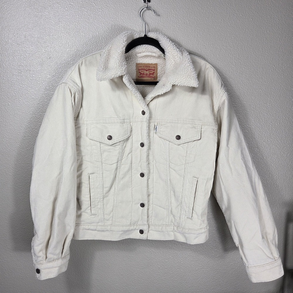 Levi's Corduroy Sherpa Lined Trucker Jacket Women XS Ivory Cream Fleece Coat